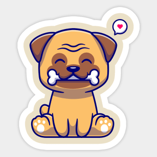 Cute Pug Dog Bite Bone Cartoon Sticker